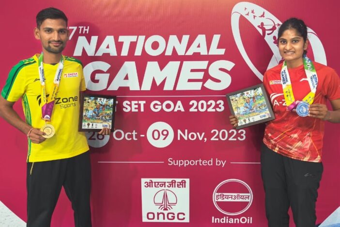 Gouse Shaikh (Gold) and K Maneesha (Silver) at National Games 2023